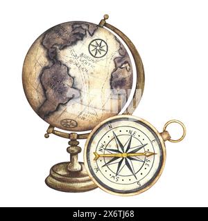 Vintage globe and retro compass. A hand-painted watercolor illustration of an ancient model of the earth on a wooden stand and an antique compass. For Stock Photo