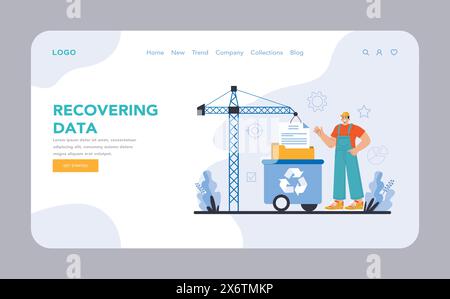 Recovering Data web or landing page. Detailed depiction of data retrieval and restoration process. Emphasizing disaster recovery and data resilience strategies. Flat vector illustration. Stock Vector