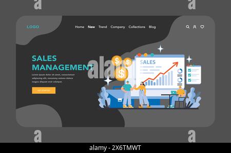 Sales management night or dark mode web or landing page. Team analyzing financial growth through strategic sales management. Boosting revenue with effective tactics. Stock Vector