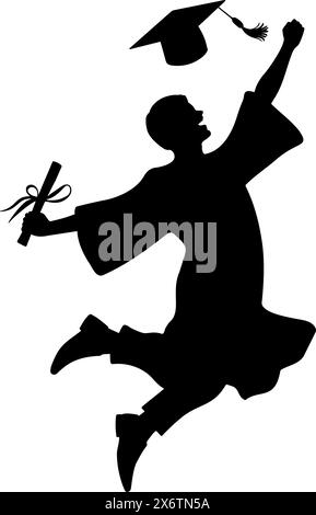 Silhouette of a male graduate jumping and throwing his academic cap in celebration of graduation. Vector illustration Stock Vector