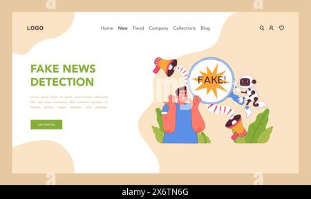 Fake news detection concept. AI rigorously scrutinizes information, safeguarding against misinformation. Critical thinking in the digital age. Modern technology help finding truth. Flat vector Stock Vector