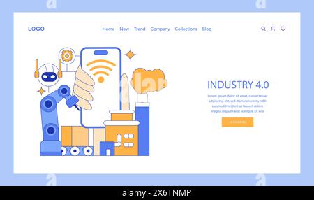 Industry 4.0 concept. Digital transformation in manufacturing with automation, robotics, and IoT connectivity. Factory smart technology evolution. Vector illustration. Stock Vector
