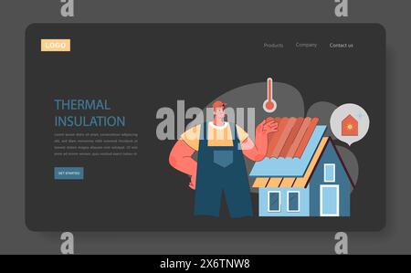 Thermal Insulation concept. Technician installs roof insulation, enhancing home energy efficiency for climate control. Flat vector illustration Stock Vector