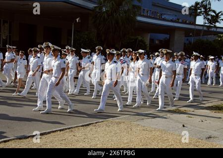 Personnel in the Cuban Navy Marching and Celebrating Labour Day in Revolution Square, Havana, Cuba, Caribbean on the 1st May 2016. Mayday. Stock Photo