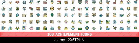 100 achievement icons set. Color line set of achievement vector icons thin line color flat on white Stock Vector