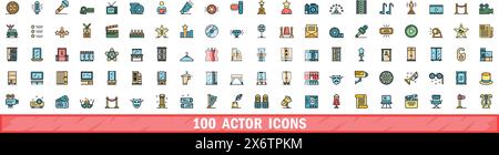 100 actor icons set. Color line set of actor vector icons thin line color flat on white Stock Vector