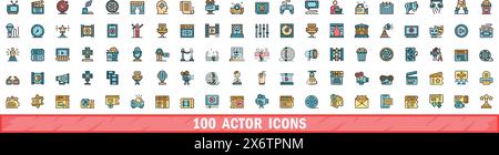 100 actor icons set. Color line set of actor vector icons thin line color flat on white Stock Vector