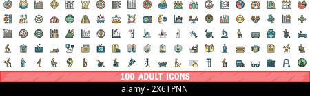 100 adult icons set. Color line set of adult vector icons thin line color flat on white Stock Vector