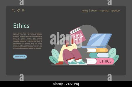 Ethics study concept. A person engrossed in literature on ethics, beside a laptop and stacked books. Pursuit of moral understanding. Flat vector illustration. Stock Vector