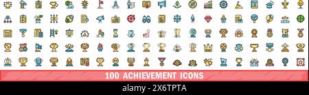 100 achievement icons set. Color line set of achievement vector icons thin line color flat on white Stock Vector