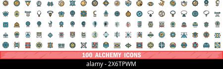 100 alchemy icons set. Color line set of alchemy vector icons thin line color flat on white Stock Vector
