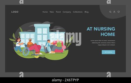 Senior care concept. Youthful volunteers sharing time and joy with elders at nursing home. Bridging generations through compassion and conversation. Helping older people in need. Vector illustration Stock Vector