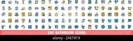 100 bathroom icons set. Color line set of bathroom vector icons thin line color flat on white Stock Vector