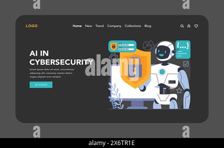 Ai integration dark or night mode web, landing. Artificial intelligence and human synergy. Neural network assistance and robotization. Big data processing. Flat vector illustration Stock Vector