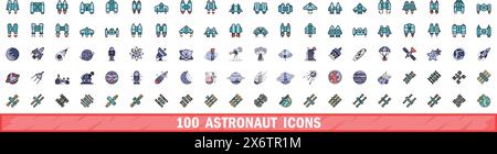 100 astronaut icons set. Color line set of astronaut vector icons thin line color flat on white Stock Vector
