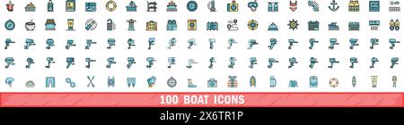 100 boat icons set. Color line set of boat vector icons thin line color flat on white Stock Vector