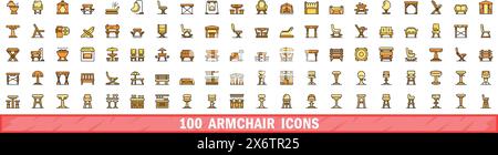 100 armchair icons set. Color line set of armchair vector icons thin line color flat on white Stock Vector