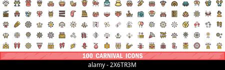 100 carnival icons set. Color line set of carnival vector icons thin line color flat on white Stock Vector