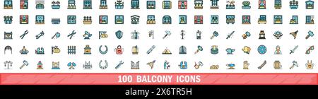 100 balcony icons set. Color line set of balcony vector icons thin line color flat on white Stock Vector