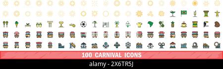 100 carnival icons set. Color line set of carnival vector icons thin line color flat on white Stock Vector