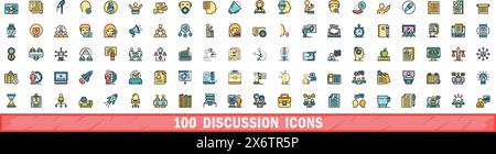 100 discussion icons set. Color line set of discussion vector icons thin line color flat on white Stock Vector