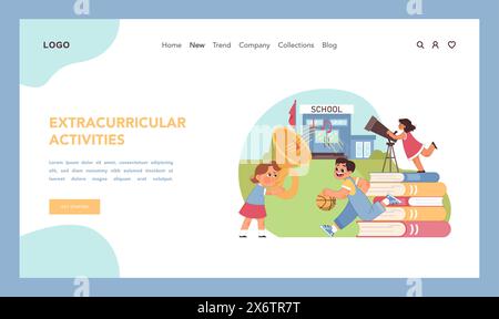 Learning adventures. Children engaging in extracurricular activities, from music to sports and astronomy, outside vibrant school setting. Comprehensive development of kids. Flat vector illustration Stock Vector