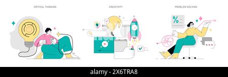 Soft Skills set. Illustration of critical thinking, creativity, and problem-solving concepts. Figures engaging in thought, imaginative processes, and solution finding. Vector illustration. Stock Vector