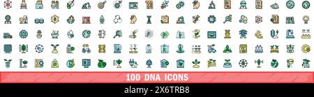 100 dna icons set. Color line set of dna vector icons thin line color flat on white Stock Vector