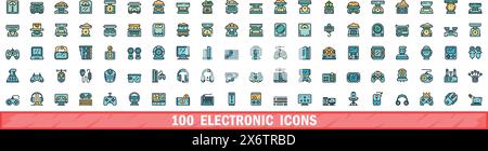 100 electronic icons set. Color line set of electronic vector icons thin line color flat on white Stock Vector
