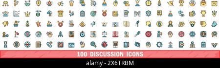 100 discussion icons set. Color line set of discussion vector icons thin line color flat on white Stock Vector
