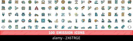 100 emission icons set. Color line set of emission vector icons thin line color flat on white Stock Vector