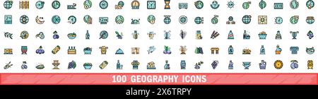 100 geography icons set. Color line set of geography vector icons thin line color flat on white Stock Vector
