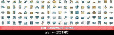 100 hardware icons set. Color line set of hardware vector icons thin line color flat on white Stock Vector