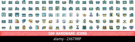 100 hardware icons set. Color line set of hardware vector icons thin line color flat on white Stock Vector