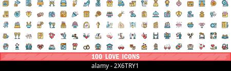 100 love icons set. Color line set of love vector icons thin line color flat on white Stock Vector