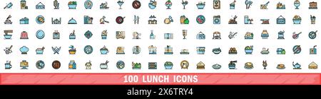 100 lunch icons set. Color line set of lunch vector icons thin line color flat on white Stock Vector