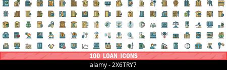 100 loan icons set. Color line set of loan vector icons thin line color flat on white Stock Vector