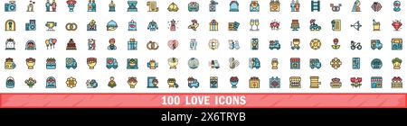 100 love icons set. Color line set of love vector icons thin line color flat on white Stock Vector
