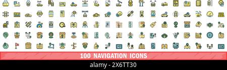 100 navigation icons set. Color line set of navigation vector icons thin line color flat on white Stock Vector