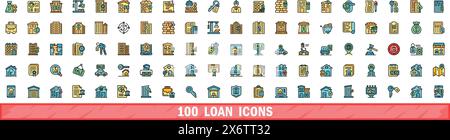 100 loan icons set. Color line set of loan vector icons thin line color flat on white Stock Vector
