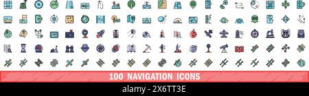 100 navigation icons set. Color line set of navigation vector icons thin line color flat on white Stock Vector