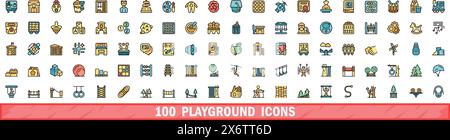 100 playground icons set. Color line set of playground vector icons thin line color flat on white Stock Vector
