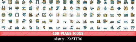 100 plane icons set. Color line set of plane vector icons thin line color flat on white Stock Vector