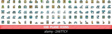 100 plane icons set. Color line set of plane vector icons thin line color flat on white Stock Vector