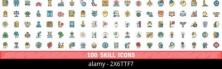 100 skill icons set. Color line set of skill vector icons thin line color flat on white Stock Vector