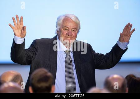 Mannheim, Germany. 16th May, 2024. Hasso Plattner, co-founder of the SAP software group, waves as he takes his leave. Credit: Marijan Murat/dpa/Alamy Live News Stock Photo