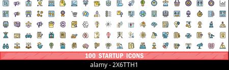 100 startup icons set. Color line set of startup vector icons thin line color flat on white Stock Vector