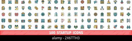 100 startup icons set. Color line set of startup vector icons thin line color flat on white Stock Vector