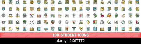 100 student icons set. Color line set of student vector icons thin line color flat on white Stock Vector