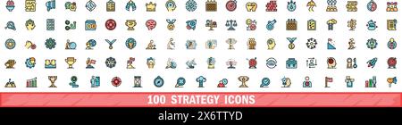 100 strategy icons set. Color line set of strategy vector icons thin line color flat on white Stock Vector